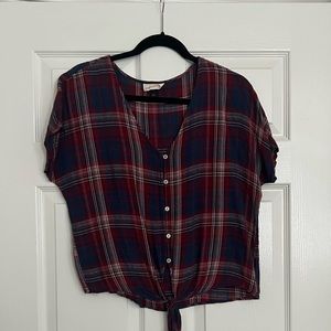 Universal Thread button down tie front red white and blue plaid top